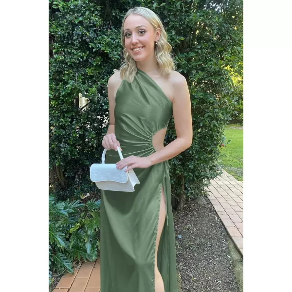 imagePRETTYGARDEN Womens 2023 Summer One Shoulder Satin Dress Cutout High Split Cocktail Wedding Guest Maxi DressesArmy Green