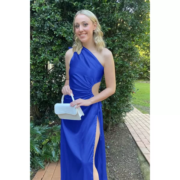 imagePRETTYGARDEN Womens 2023 Summer One Shoulder Satin Dress Cutout High Split Cocktail Wedding Guest Maxi DressesBlue