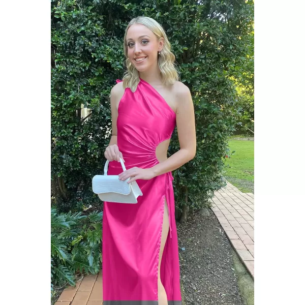 imagePRETTYGARDEN Womens 2023 Summer One Shoulder Satin Dress Cutout High Split Cocktail Wedding Guest Maxi DressesBright Rose Red