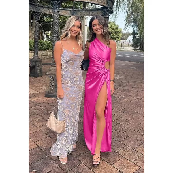 imagePRETTYGARDEN Womens 2023 Summer One Shoulder Satin Dress Cutout High Split Cocktail Wedding Guest Maxi DressesBright Rose Red