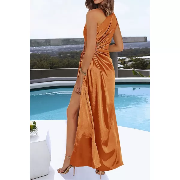 imagePRETTYGARDEN Womens 2023 Summer One Shoulder Satin Dress Cutout High Split Cocktail Wedding Guest Maxi DressesBrown Yellow