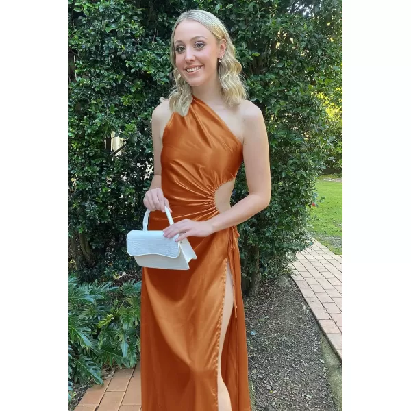 imagePRETTYGARDEN Womens 2023 Summer One Shoulder Satin Dress Cutout High Split Cocktail Wedding Guest Maxi DressesBrown Yellow