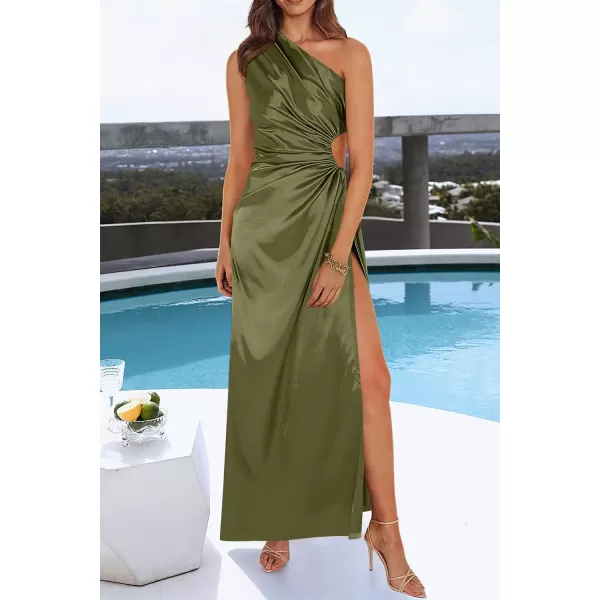 imagePRETTYGARDEN Womens 2023 Summer One Shoulder Satin Dress Cutout High Split Cocktail Wedding Guest Maxi DressesDark Army Green
