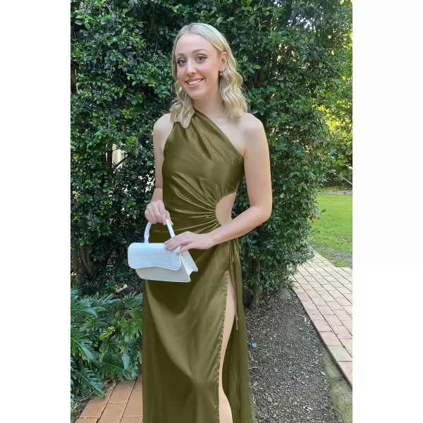 imagePRETTYGARDEN Womens 2023 Summer One Shoulder Satin Dress Cutout High Split Cocktail Wedding Guest Maxi DressesDark Army Green