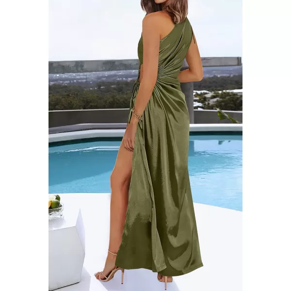 imagePRETTYGARDEN Womens 2023 Summer One Shoulder Satin Dress Cutout High Split Cocktail Wedding Guest Maxi DressesDark Army Green