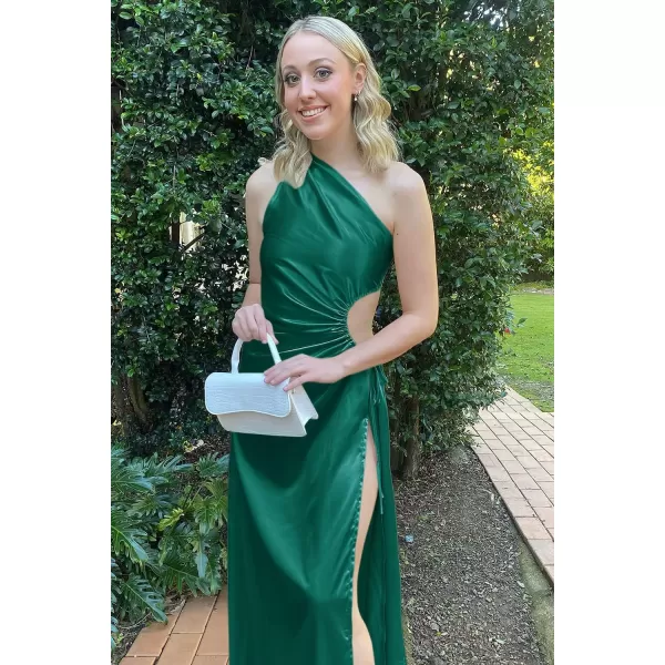 imagePRETTYGARDEN Womens 2023 Summer One Shoulder Satin Dress Cutout High Split Cocktail Wedding Guest Maxi DressesDark Green