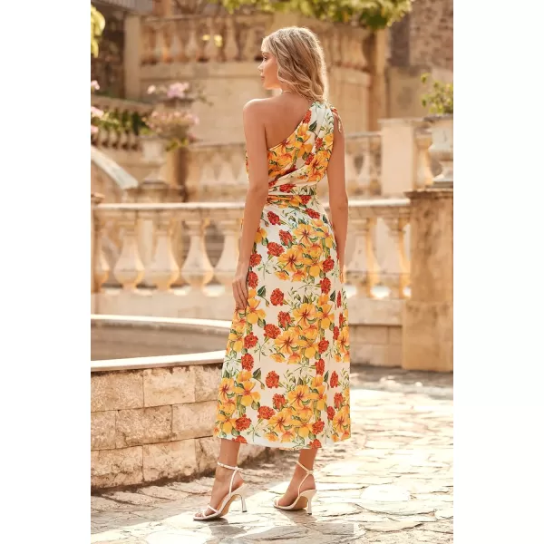 imagePRETTYGARDEN Womens 2023 Summer One Shoulder Satin Dress Cutout High Split Cocktail Wedding Guest Maxi DressesFloral Beige White Orange