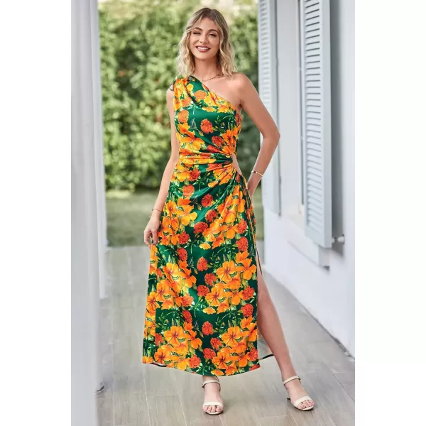 imagePRETTYGARDEN Womens 2023 Summer One Shoulder Satin Dress Cutout High Split Cocktail Wedding Guest Maxi DressesFloral Dark Green Orange