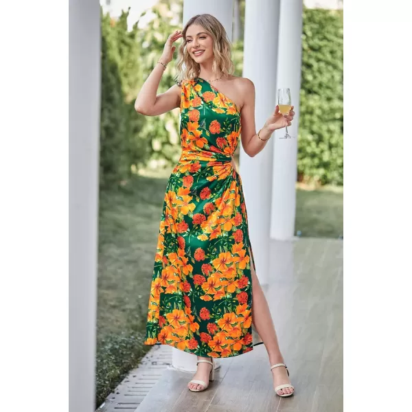imagePRETTYGARDEN Womens 2023 Summer One Shoulder Satin Dress Cutout High Split Cocktail Wedding Guest Maxi DressesFloral Dark Green Orange