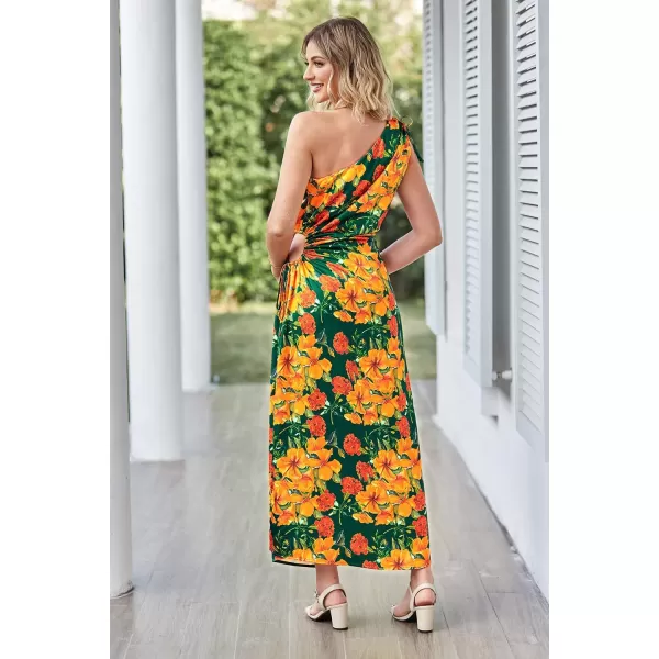 imagePRETTYGARDEN Womens 2023 Summer One Shoulder Satin Dress Cutout High Split Cocktail Wedding Guest Maxi DressesFloral Dark Green Orange
