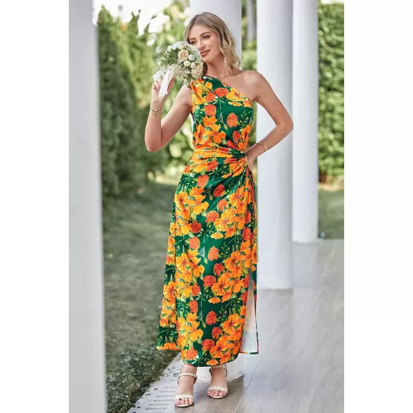 imagePRETTYGARDEN Womens 2023 Summer One Shoulder Satin Dress Cutout High Split Cocktail Wedding Guest Maxi DressesFloral Dark Green Orange