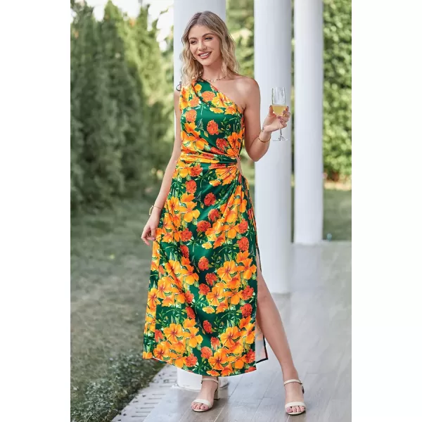 imagePRETTYGARDEN Womens 2023 Summer One Shoulder Satin Dress Cutout High Split Cocktail Wedding Guest Maxi DressesFloral Dark Green Orange