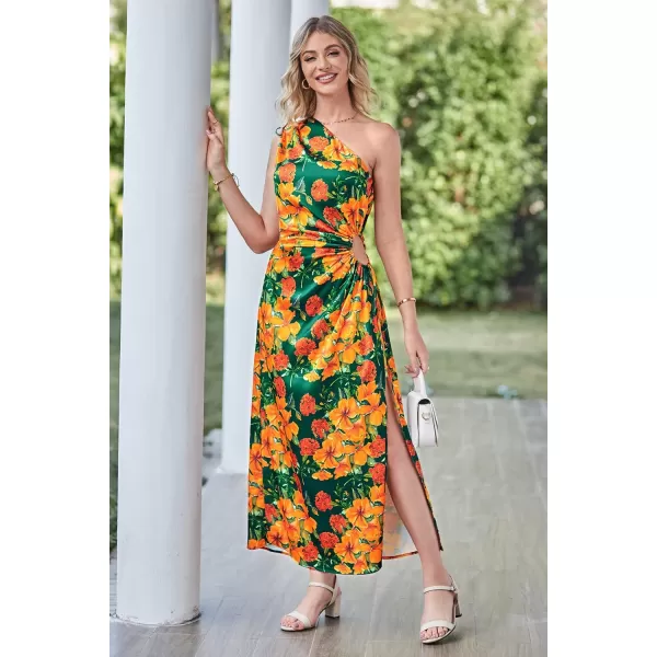 imagePRETTYGARDEN Womens 2023 Summer One Shoulder Satin Dress Cutout High Split Cocktail Wedding Guest Maxi DressesFloral Dark Green Orange