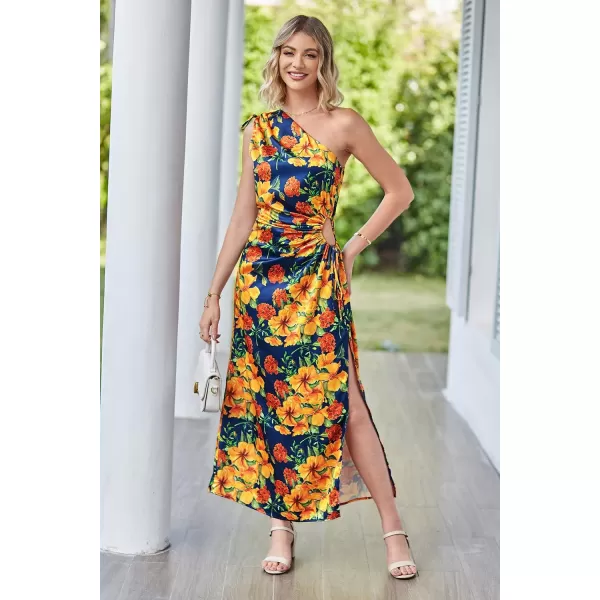 imagePRETTYGARDEN Womens 2023 Summer One Shoulder Satin Dress Cutout High Split Cocktail Wedding Guest Maxi DressesFloral Navy Orange