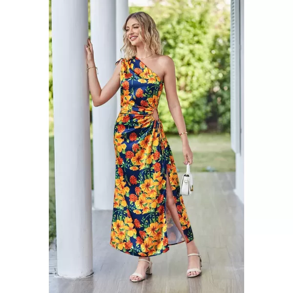 imagePRETTYGARDEN Womens 2023 Summer One Shoulder Satin Dress Cutout High Split Cocktail Wedding Guest Maxi DressesFloral Navy Orange