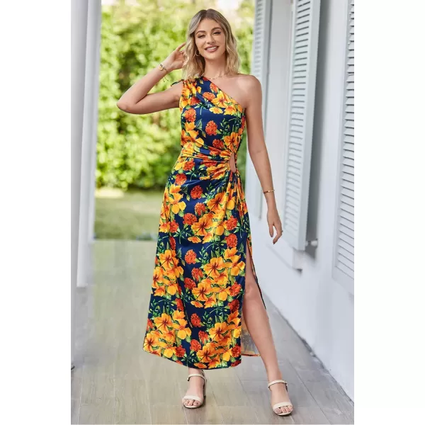 imagePRETTYGARDEN Womens 2023 Summer One Shoulder Satin Dress Cutout High Split Cocktail Wedding Guest Maxi DressesFloral Navy Orange