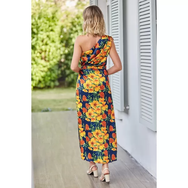 imagePRETTYGARDEN Womens 2023 Summer One Shoulder Satin Dress Cutout High Split Cocktail Wedding Guest Maxi DressesFloral Navy Orange