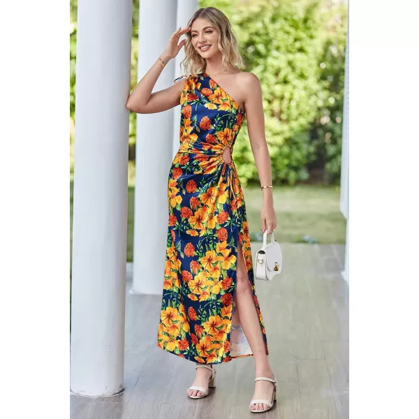 imagePRETTYGARDEN Womens 2023 Summer One Shoulder Satin Dress Cutout High Split Cocktail Wedding Guest Maxi DressesFloral Navy Orange
