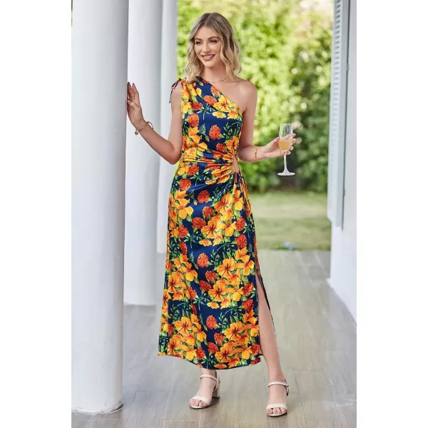imagePRETTYGARDEN Womens 2023 Summer One Shoulder Satin Dress Cutout High Split Cocktail Wedding Guest Maxi DressesFloral Navy Orange