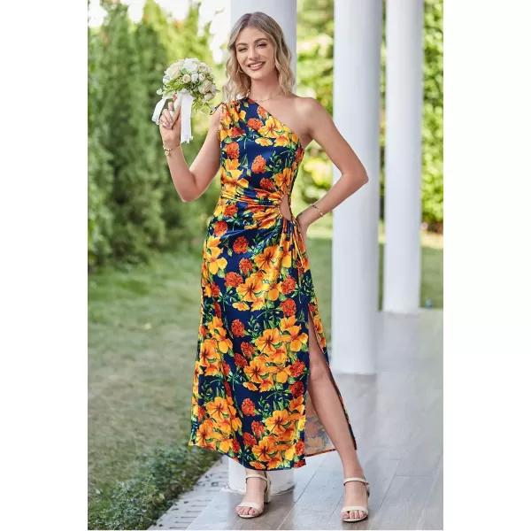 imagePRETTYGARDEN Womens 2023 Summer One Shoulder Satin Dress Cutout High Split Cocktail Wedding Guest Maxi DressesFloral Navy Orange