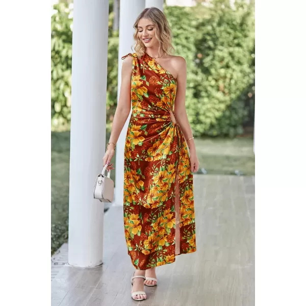 imagePRETTYGARDEN Womens 2023 Summer One Shoulder Satin Dress Cutout High Split Cocktail Wedding Guest Maxi DressesFloral Wine Red Orange