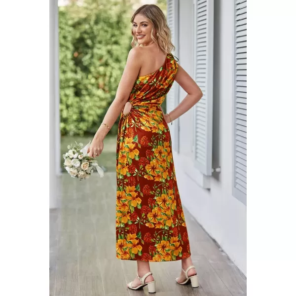 imagePRETTYGARDEN Womens 2023 Summer One Shoulder Satin Dress Cutout High Split Cocktail Wedding Guest Maxi DressesFloral Wine Red Orange