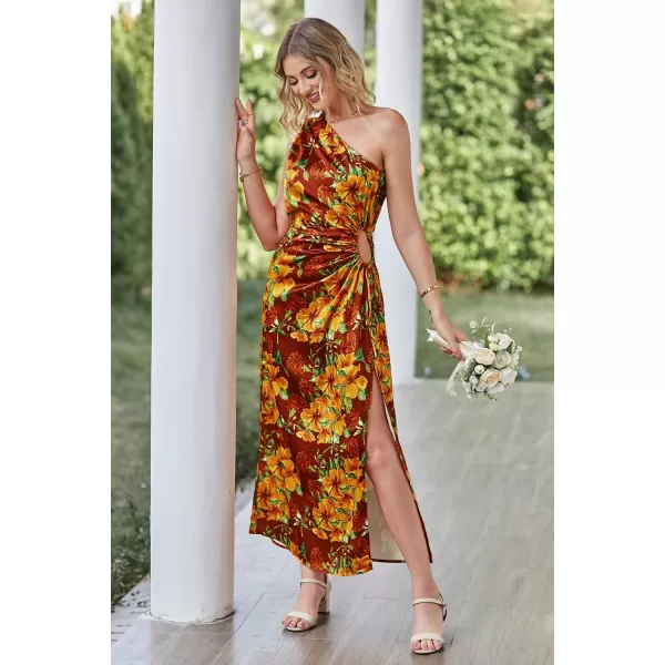 imagePRETTYGARDEN Womens 2023 Summer One Shoulder Satin Dress Cutout High Split Cocktail Wedding Guest Maxi DressesFloral Wine Red Orange