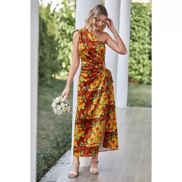 imagePRETTYGARDEN Womens 2023 Summer One Shoulder Satin Dress Cutout High Split Cocktail Wedding Guest Maxi DressesFloral Wine Red Orange