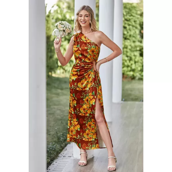 imagePRETTYGARDEN Womens 2023 Summer One Shoulder Satin Dress Cutout High Split Cocktail Wedding Guest Maxi DressesFloral Wine Red Orange