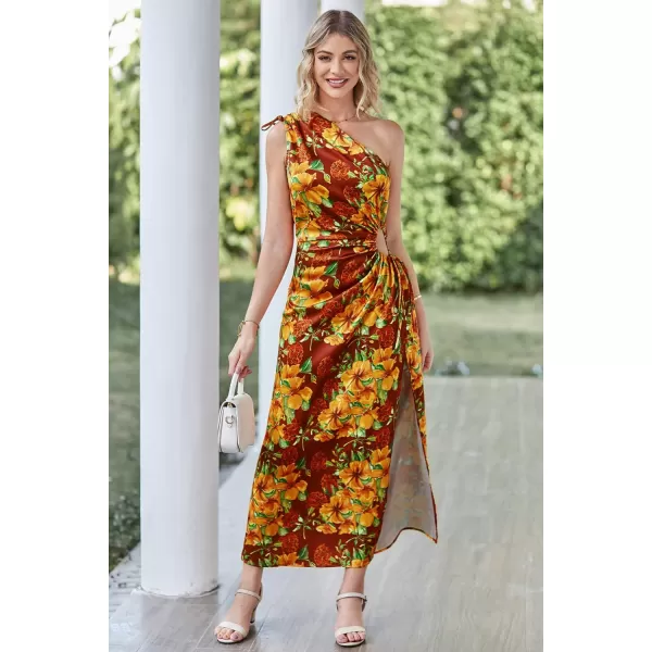 imagePRETTYGARDEN Womens 2023 Summer One Shoulder Satin Dress Cutout High Split Cocktail Wedding Guest Maxi DressesFloral Wine Red Orange