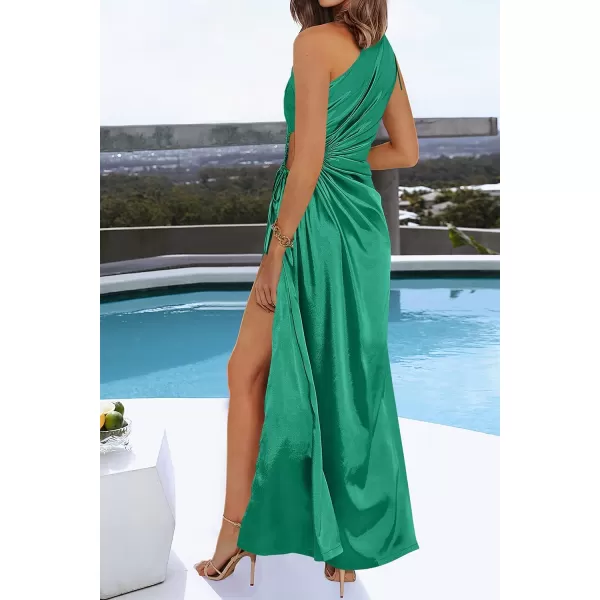 imagePRETTYGARDEN Womens 2023 Summer One Shoulder Satin Dress Cutout High Split Cocktail Wedding Guest Maxi DressesGreen