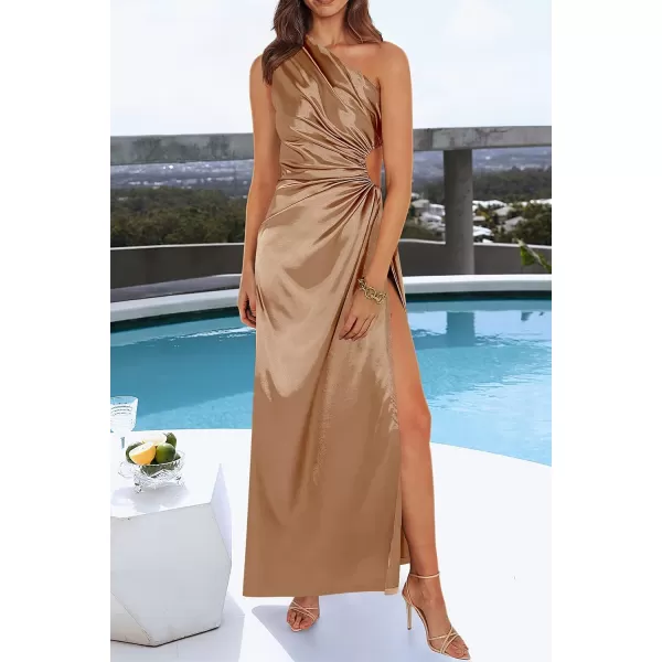 imagePRETTYGARDEN Womens 2023 Summer One Shoulder Satin Dress Cutout High Split Cocktail Wedding Guest Maxi DressesKhaki