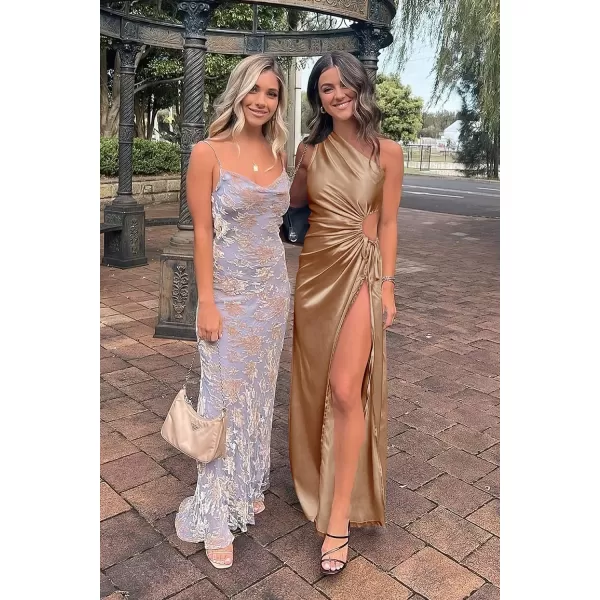 imagePRETTYGARDEN Womens 2023 Summer One Shoulder Satin Dress Cutout High Split Cocktail Wedding Guest Maxi DressesKhaki