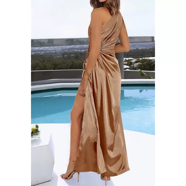 imagePRETTYGARDEN Womens 2023 Summer One Shoulder Satin Dress Cutout High Split Cocktail Wedding Guest Maxi DressesKhaki