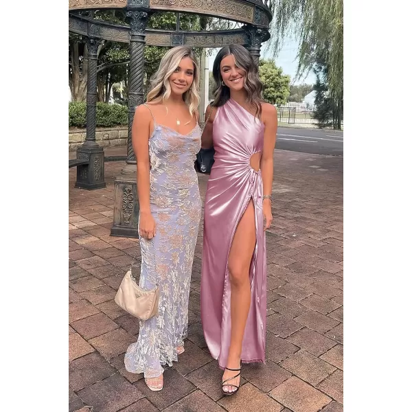 imagePRETTYGARDEN Womens 2023 Summer One Shoulder Satin Dress Cutout High Split Cocktail Wedding Guest Maxi DressesPink