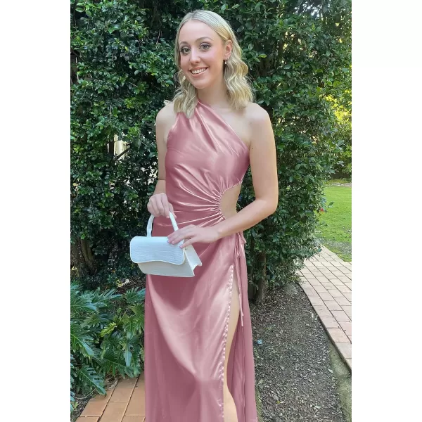 imagePRETTYGARDEN Womens 2023 Summer One Shoulder Satin Dress Cutout High Split Cocktail Wedding Guest Maxi DressesPink