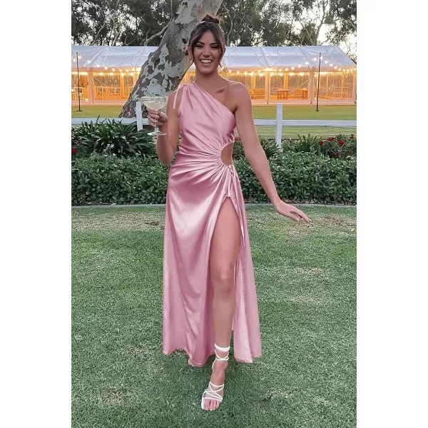 imagePRETTYGARDEN Womens 2023 Summer One Shoulder Satin Dress Cutout High Split Cocktail Wedding Guest Maxi DressesPink
