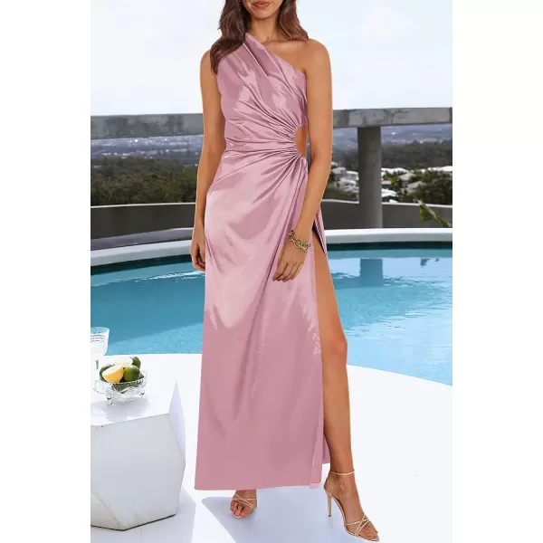 imagePRETTYGARDEN Womens 2023 Summer One Shoulder Satin Dress Cutout High Split Cocktail Wedding Guest Maxi DressesPink