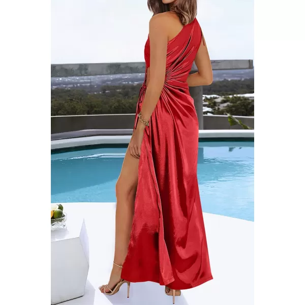 imagePRETTYGARDEN Womens 2023 Summer One Shoulder Satin Dress Cutout High Split Cocktail Wedding Guest Maxi DressesRed