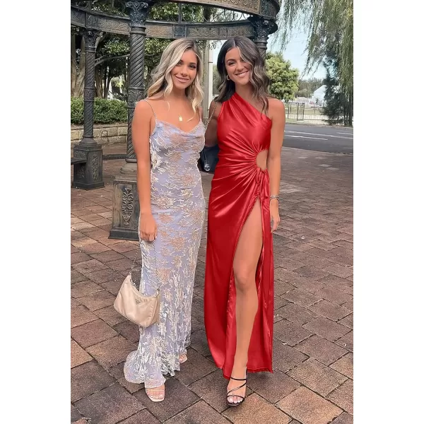 imagePRETTYGARDEN Womens 2023 Summer One Shoulder Satin Dress Cutout High Split Cocktail Wedding Guest Maxi DressesRed