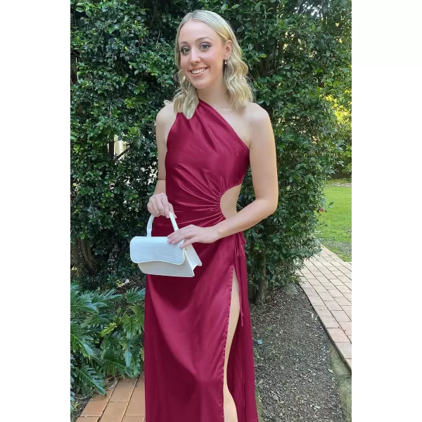 imagePRETTYGARDEN Womens 2023 Summer One Shoulder Satin Dress Cutout High Split Cocktail Wedding Guest Maxi DressesRose Red