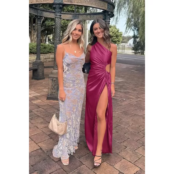 imagePRETTYGARDEN Womens 2023 Summer One Shoulder Satin Dress Cutout High Split Cocktail Wedding Guest Maxi DressesRose Red