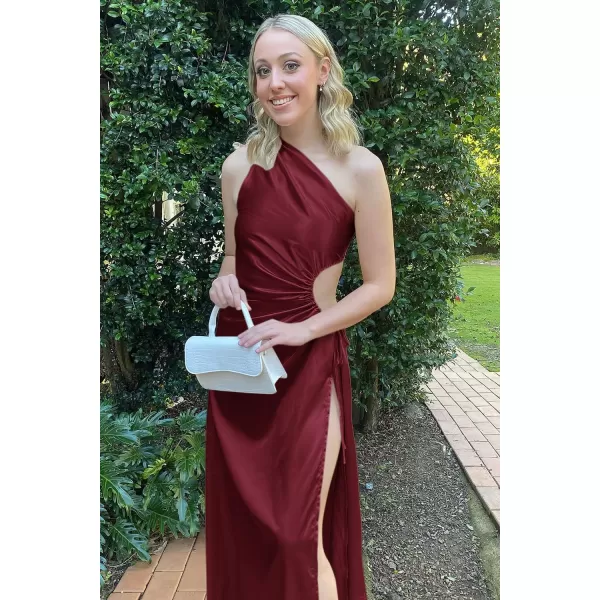 imagePRETTYGARDEN Womens 2023 Summer One Shoulder Satin Dress Cutout High Split Cocktail Wedding Guest Maxi DressesWine Red