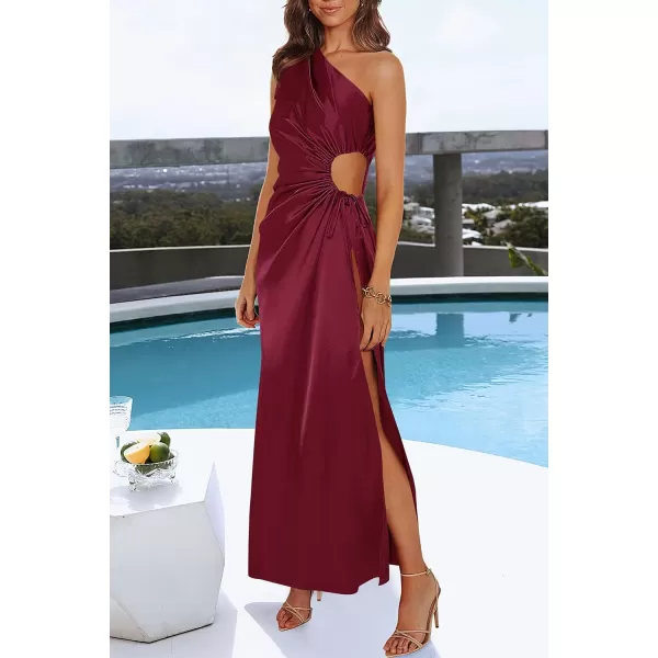 imagePRETTYGARDEN Womens 2023 Summer One Shoulder Satin Dress Cutout High Split Cocktail Wedding Guest Maxi DressesWine Red