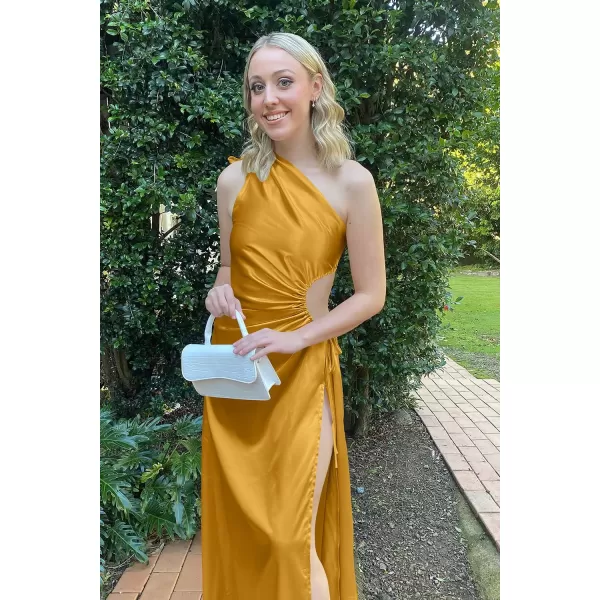 imagePRETTYGARDEN Womens 2023 Summer One Shoulder Satin Dress Cutout High Split Cocktail Wedding Guest Maxi DressesYellow