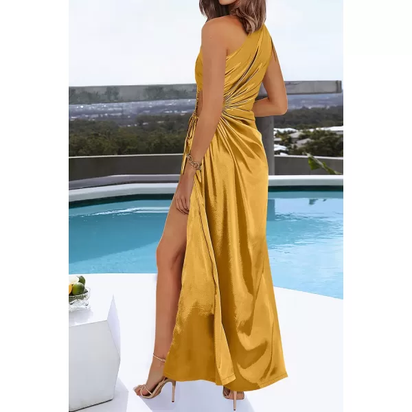 imagePRETTYGARDEN Womens 2023 Summer One Shoulder Satin Dress Cutout High Split Cocktail Wedding Guest Maxi DressesYellow