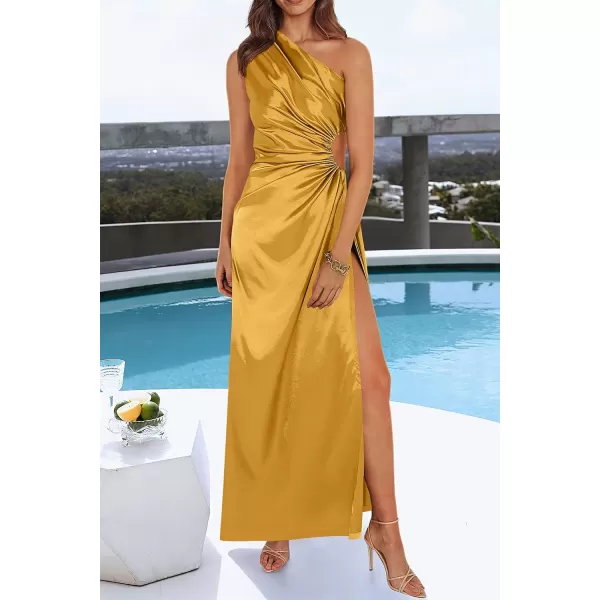 imagePRETTYGARDEN Womens 2023 Summer One Shoulder Satin Dress Cutout High Split Cocktail Wedding Guest Maxi DressesYellow