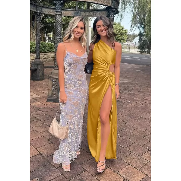 imagePRETTYGARDEN Womens 2023 Summer One Shoulder Satin Dress Cutout High Split Cocktail Wedding Guest Maxi DressesYellow