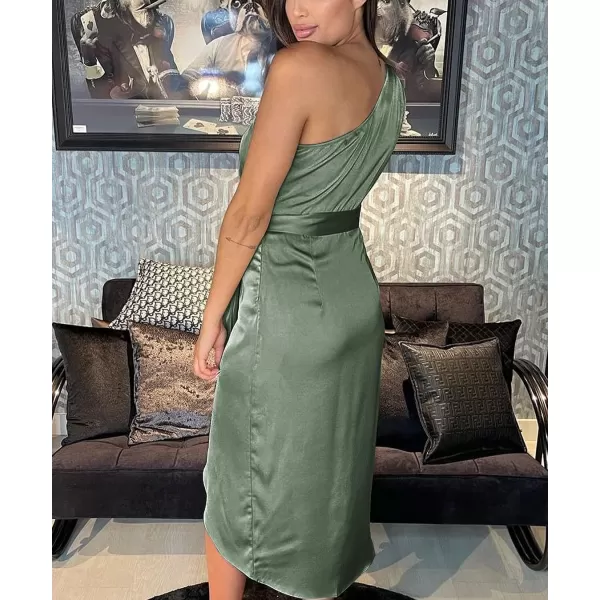 imagePRETTYGARDEN Womens 2023 Summer Ruched Bodycon Dress Sleeveless One Shoulder Wrap Satin Belted Cocktail Midi DressArmy Green