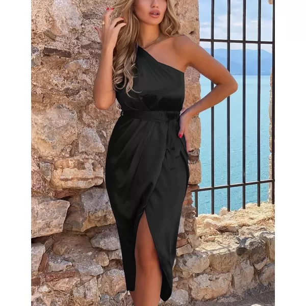 imagePRETTYGARDEN Womens 2023 Summer Ruched Bodycon Dress Sleeveless One Shoulder Wrap Satin Belted Cocktail Midi DressBlack
